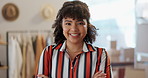 Woman, clothes or shop owner face smile for retail, small business and fashion distribution boxes. Female person, portrait or entrepreneurship designer for welcome sales, shipping product or showroom
