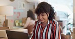 Ecommerce, laptop or happy woman typing for online shop or clothing store working on sales delivery. Fashion, manager or entrepreneur in small business for planning schedule or logistics on computer