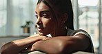 Woman, sad and thinking about life, depression and tired with grief, emotional distress and reflection. Trauma memory, state of mind and mental health, remember mistake at home with heartbreak