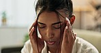 Face, woman and pain in home for headache, anxiety and frustrated for mental health, fatigue and breathe for brain fog. Tired indian girl massage temple for depression, burnout and stress of vertigo 