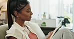 Woman, relax on couch and writing in notebook, journal and share thoughts with reflection and self care. Mental health, planning and schedule with diary, peace of mind and calm at home with calendar