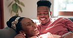 Relax, love and laughing black couple conversation, communication and consulting about marriage, care or trust. Funny joke, home and bonding woman, man or romantic people cozy together on lounge sofa