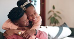 Coffee, care and couple hug a living room talking together in the morning as love, happiness and calm in a home. Happy, African and man bonding with woman in an apartment as support and greeting