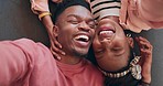 Man, woman and together for selfie with laugh for funny joke, closed eyes and smile on face. African people, married and happy with joyful expression for bond with love, support and care in marriage