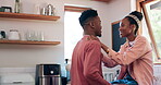 Kitchen, love and black couple with conversation, marriage and relax with happiness, bonding together and support. African man, home or woman with relationship, care or trust with commitment or smile