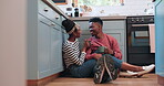 Kitchen floor, coffee cup and black couple smile, wellness and bonding conversation about marriage, romance or trust. Home, relax morning and African people talk about coco, espresso or latte drinks