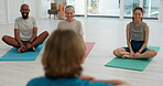 People, group and yoga on mat with instructor for fitness, exercise or workout with zen, wellness and happiness. Pilates, men or women on floor for training, stretching or lifestyle class with smile