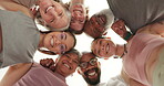 Face, people and group in circle with smile, training or exercise together, team building or bonding with joy. Low angle, men or women with portrait and happiness for teamwork, support and motivation