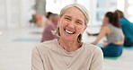 Face, yoga and senior woman with meditation, smile and fitness in a wellness center, exercise and chakra. Portrait, pensioner or old person with happiness, peace and health with workout, zen or peace