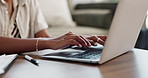 Student hands, typing and laptop for home education, online research and e learning registration or application. Woman working on computer with scholarship essay, planning and search for information