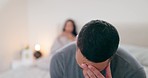 Frustrated couple, divorce and conflict on bed in fight, argument or disagreement at home. Man and woman disappointed in bedroom dispute, cheating affair or toxic relationship from breakup at house