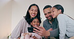 Parents, bed and selfie with children on phone for happy memory, weekend together and social media at house. Mom, dad and girl kids in bedroom with smartphone in smile, love and care in family home
 