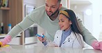 Parent, child and together for cleaning in kitchen with gloves, spray and cloth for dirt. Father, daughter and bond while teaching kid for hygiene in home to stop germs, bacteria and dust on table