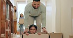 Moving, dad and daughter with box, playing and happy with real estate, love and adventure in family home. Property, father and child with fun, smile and energy on floor in new house with freedom.