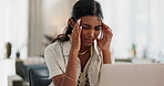 Woman, headache and work from home pain on laptop for marketing mistake, copywriting fail or online report. Young freelancer with stress, fatigue or health risk and social media deadline on computer