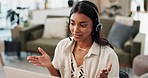 Woman, call center and home communication, virtual customer support and e commerce services on computer. Indian person, agent or consultant talking, giving online advice or telemarketing information