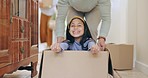 Moving, father and daughter with box, playing and happy with real estate, love and adventure in family home. Property, dad and child with fun, smile and energy on floor in new house with freedom.