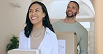 Moving, boxes and couple with package and new hom investment excited from sale and mortgage. Dream house, smile and property with real estate and cardboard box with a happy woman and man together