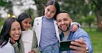 Happy family, hug and selfie in nature for photography, outdoor memory or social media together. Mother, father and children smile for photograph, picture or vlog in happiness for holiday at park