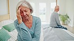 Senior couple, divorce and fight on bed in conflict, disagreement or dispute at home. Frustrated elderly woman in cheating affair, headache or disappointment in bedroom argument or toxic relationship