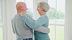 Love, elderly couple and dance in home, care and bonding together in retirement. Senior man, woman and moving to music, celebration of romantic anniversary and smile for healthy relationship in house