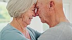 Love, face and senior couple hug in their home with support, trust and respect, bond and conversation. Gratitude, connection and elderly people embrace in calm moment with care, security and romance