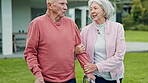 Walker, senior couple and outdoor with support and help with retirement and marriage. Wellness, guide and elderly woman and man together with love and care with mobility issue after surgery in garden