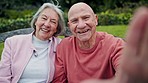 Happy, selfie and senior couple in a park laughing, relax and bonding in nature together. Portrait, love and old people smile for profile picture, memory or photo of retirement, travel  or journey