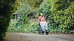 Senior man, woman and wheelchair in park for walk, talking and point at plants, nature and trees on adventure. Mature couple, retirement and elderly person with disability on path with conversation