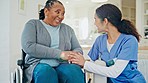 Home, woman in wheelchair and happy nurse holding hands for support, talking of mental health and social health. Medical student, ADN caregiver and kindness, love or care for patient with disability 