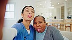 Nurse, selfie or mature happy woman, patient or people post memory photo to social media app in nursing home. Caregiver, portrait photography or funny client with tongue out in lounge profile picture