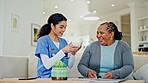 Coffee cup, mature patient, happy woman, caregiver or volunteer for healthcare service, support or giving morning beverage. Smile, nursing home client and nurse with wellness tea, latte or espresso