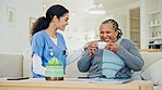 Tea, mature patient and happy woman, caregiver or volunteer for homecare service, medical support or drinking cacao beverage. Nursing home, talking client and nurse with morning latte, coffee or coco