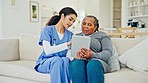 Tablet, mature patient woman and nurse speaking, feedback and report health info, medical exam or healthcare. Support service, nursing home and volunteer caregiver explain results to listening client