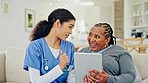 Tablet, patient and happy woman, caregiver and thumbs up for good health news, wellness feedback and medical exam. Emoji like sign, nursing home client and volunteer nurse talk about success results