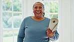 Senior woman, holding yoga mat and home for smile on face for wellness, workout or pilates class for wellness. Elderly African lady, laugh and happy for zen training, fitness or excited in retirement