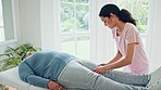 Rehabilitation, leg pain and physiotherapist with woman for consulting, mobility and exercise. Physical therapy, healthcare and nurse with patient for wellness, physiotherapy support and recovery