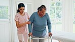 Rehabilitation, walking stick and physiotherapist with senior woman for consulting, mobility and exercise. Physical therapy, healthcare and nurse with patient for wellness, physiotherapy or recovery