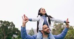 Piggy back, park and father with child for bonding, relationship and flying games outdoors. Nature, trees and happy dad with girl on holiday, vacation and weekend for relaxing, playing and adventure