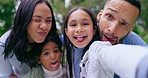 Happy family, hug and silly selfie in nature for photography, outdoor memory or social media together. Mother, father and children with funny faces for photograph, picture or vlog for holiday at park
