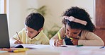 Children, siblings and home education, writing and learning together for language development and knowledge. Happy interracial kids with school homework, laptop for e learning or virtual online class
