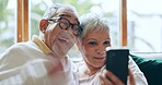 Man, woman and phone with wave on video call with smile in happiness for talk in home. Elderly couple, grandparents and married in retirement with technology for communication, connection or looking