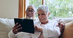 Tablet, laughing or old couple on social media for communication, website or internet connection. Meme, talk or senior woman with a happy elderly man online to scroll on streaming technology at home 