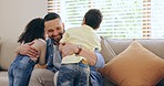 Love, hug or father with children in home for care, safety or bond together to relax in apartment. Smile, siblings or happy single parent dad with kids for support, trust or comfort in family house