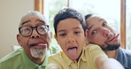 Happy family, selfie and tongue out with boy chid, father and grandparent bonding in their home together. Emoji, portrait and kid with parent, grandpa and crazy profile picture with funny expression