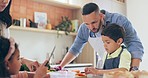 Family, teaching and talk for preparation with knife in kitchen for vegan dinner with vegetables. Mexican man, boy and listening to instruction for safety, cutting and learning of new skill in home