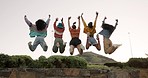 Happy woman, friends and jumping in air for freedom, celebration or fun day together in outdoor nature. Rear view of female people or excited group jump in friendship, success or holiday trip outside