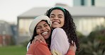 Women friends, hug and outdoor at college with smile, reunion and excited with love, care and solidarity. Gen z girl, embrace together and happy in park, campus or nature with solidarity in sunshine