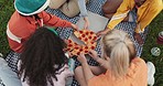 Pizza, top view or friends eating at a picnic to celebrate summer holidays vacation together to bond. Diversity, nature garden or hungry gen z people enjoy a fast food lunch meal at social gathering 
