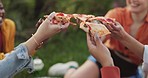 Closeup, pizza toast and friends in nature for celebration, weekend or eating lunch together. Relax, park and hands of people with a food cheers, hungry and enjoying a meal on a picnic in summer